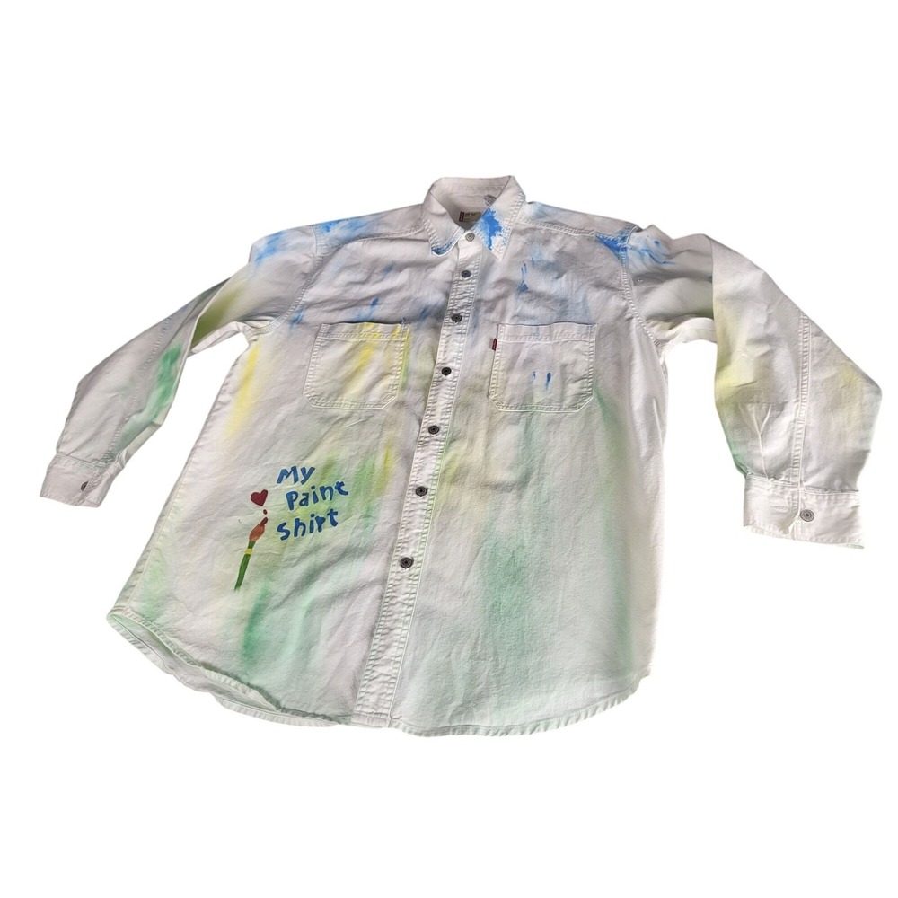Levis Red Tab Women Sz M Artistic Paint Shirt Green Blue Boho Button Down Street